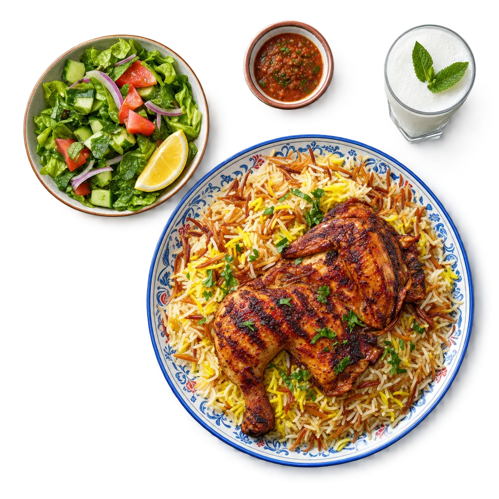 ⁨دجاج مشوي مع رز بالشعيرية⁩، مصوّر من الأعلى
