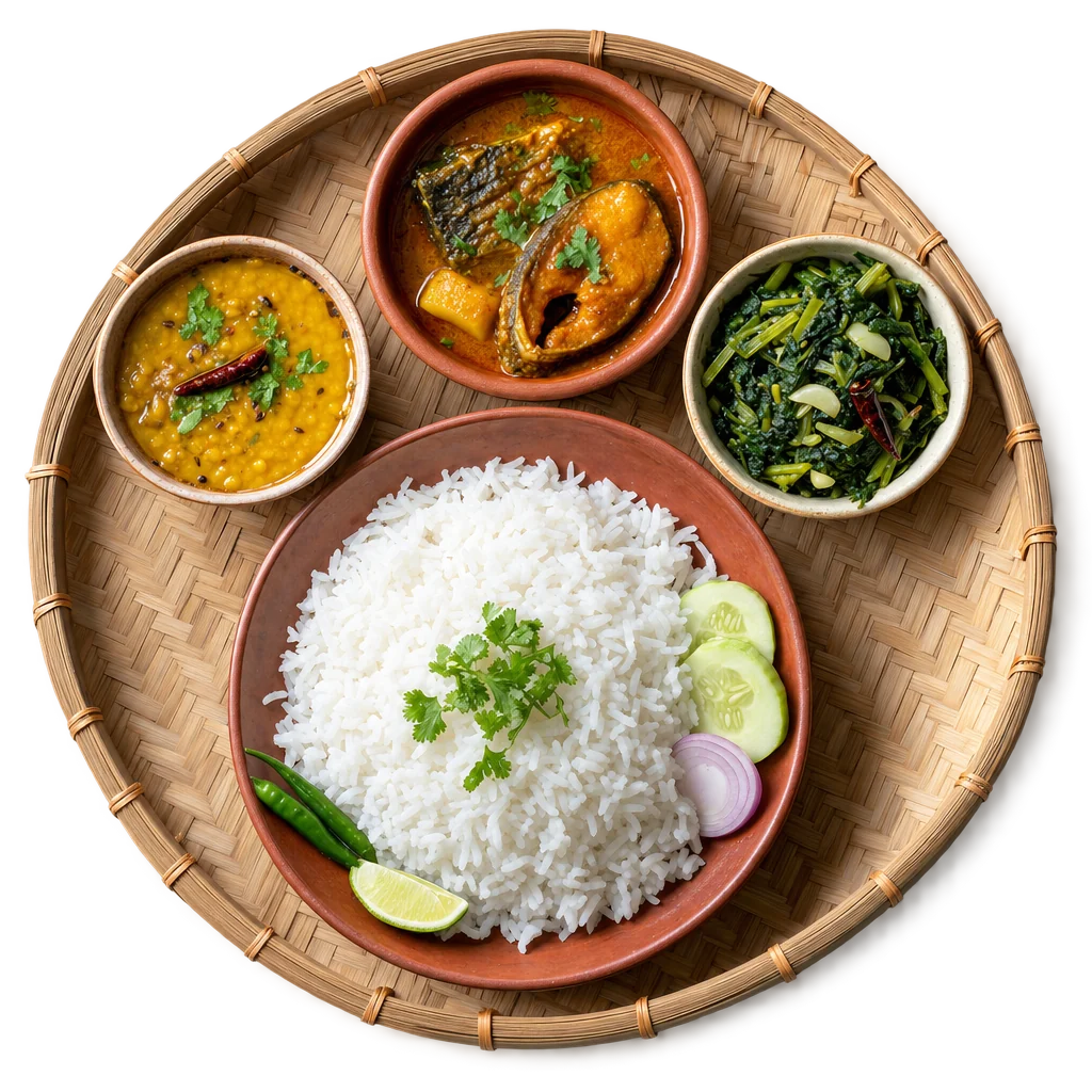 রুই মাছ, ভাত ও ডাল, ওপর থেকে তোলা ছবি