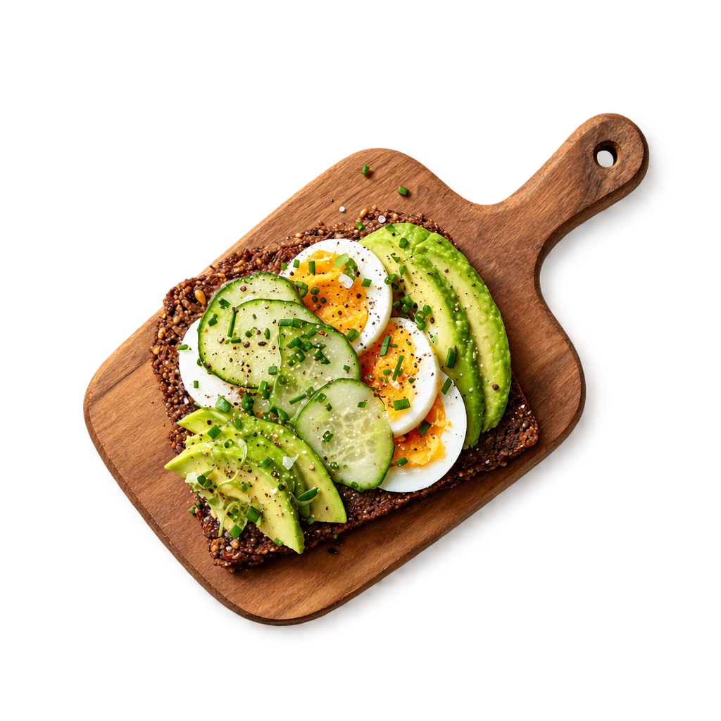 Rugbrød med æg og avocado, fotograferet ovenfra