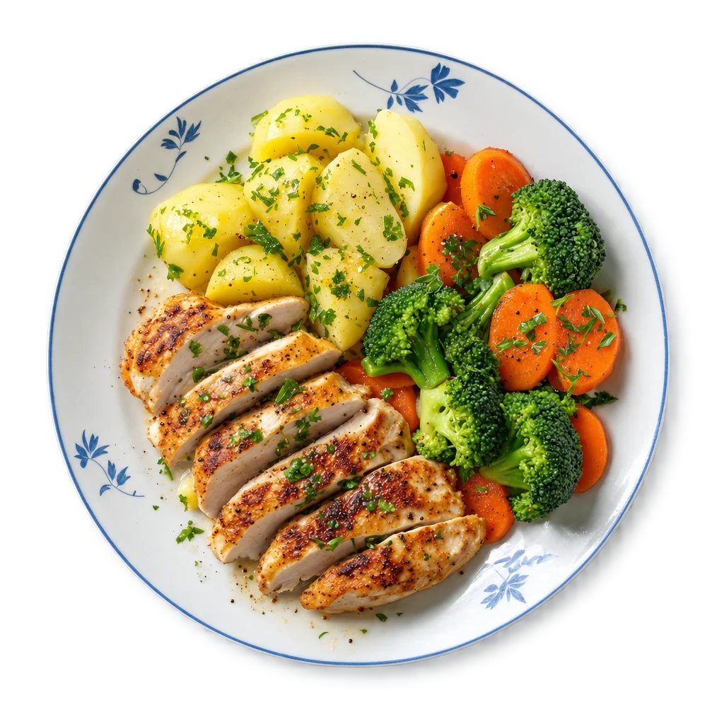 Hähnchen mit Kartoffeln und Gemüse, von oben fotografiert