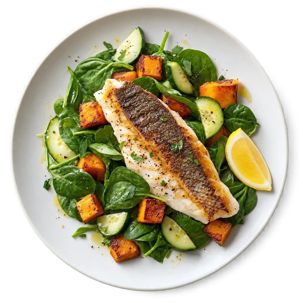 Barramundi and roast pumpkin salad, photographed from above