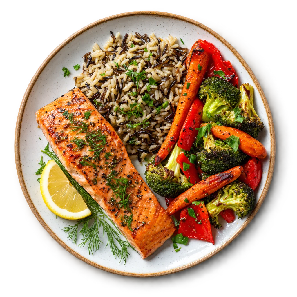 Salmon, wild rice and roasted vegetables, photographed from above