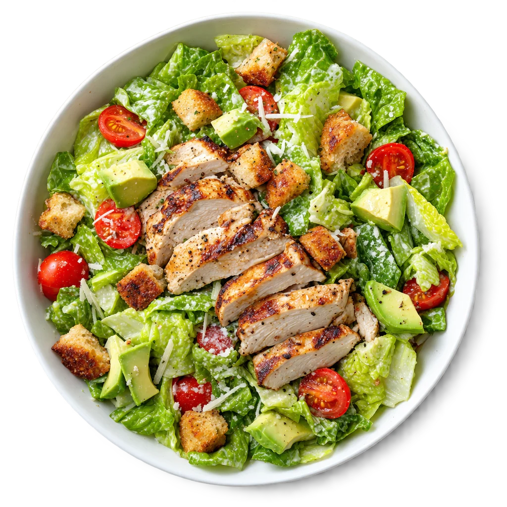 Grilled chicken salad, photographed from above