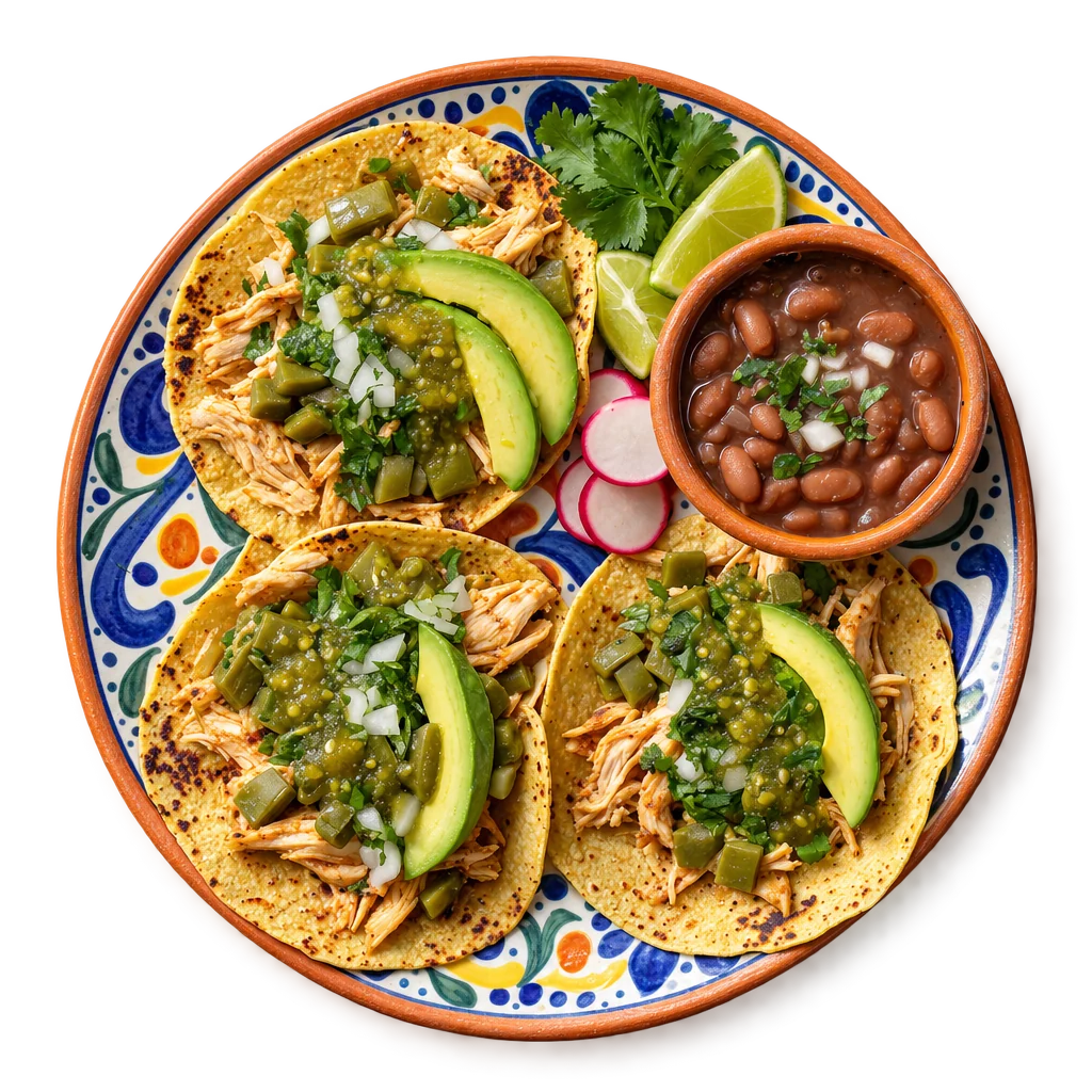 Foto de Tacos de pollo con frijoles y nopales desde arriba