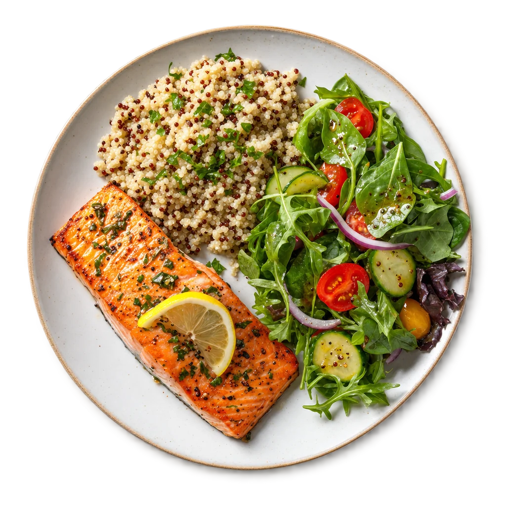 Saumon, quinoa et salade, photographié de haut