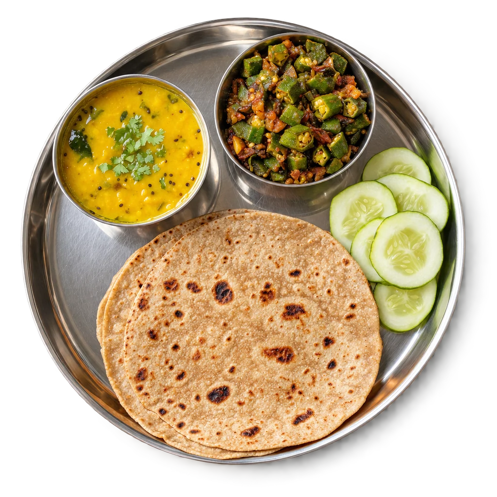 ઉપરથી લીધેલો રોટલી, દાળ અને ભીંડાનું શાકનો ફોટો