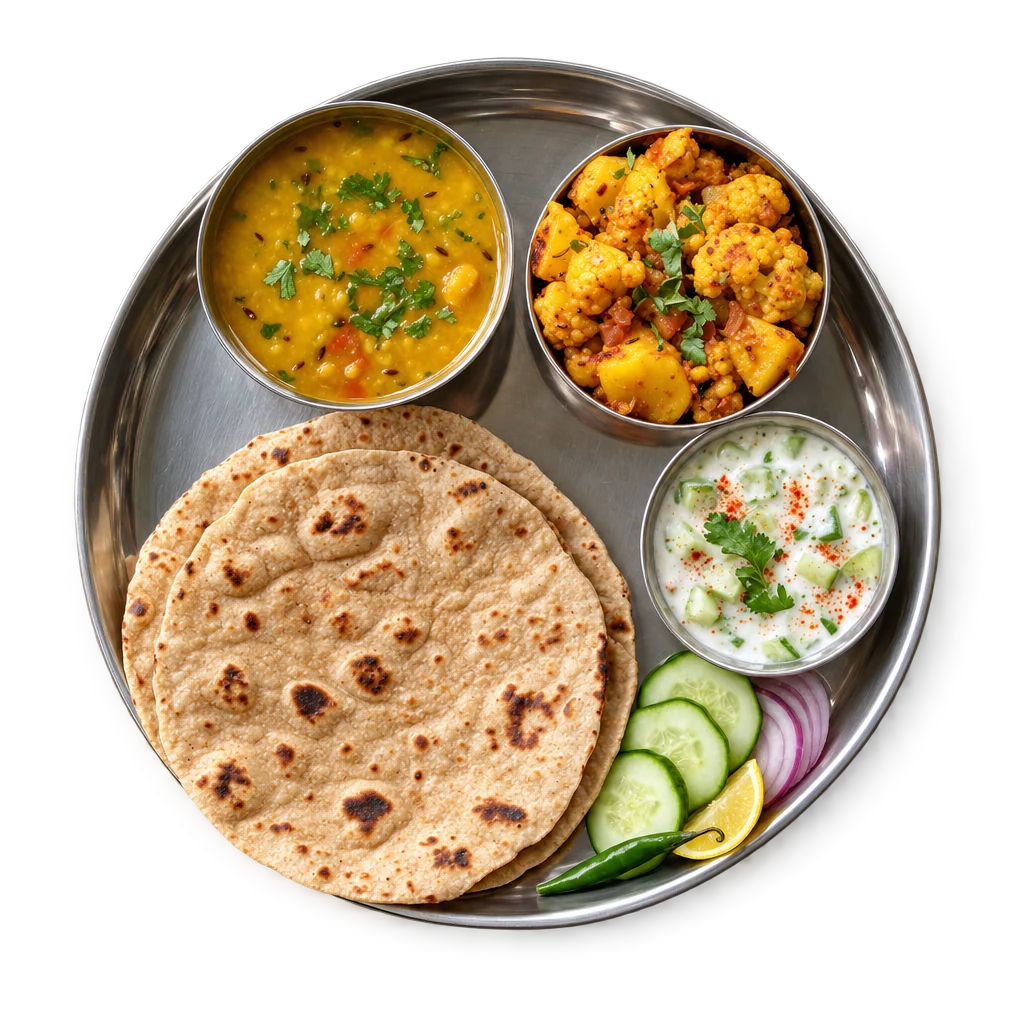 दाल, रोटी और सब्ज़ी की ऊपर से ली गई फ़ोटो
