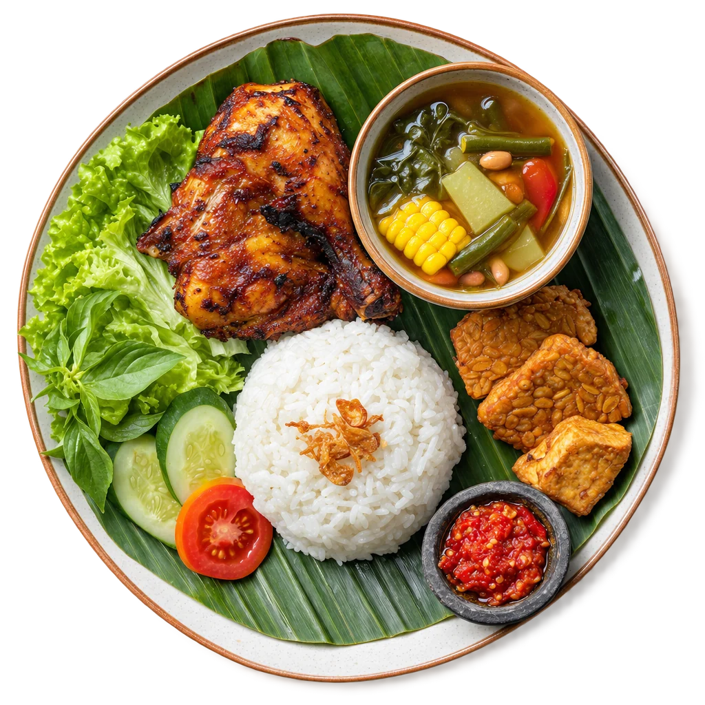 Nasi, ayam bakar, sayur asem, dan tempe, difoto dari atas