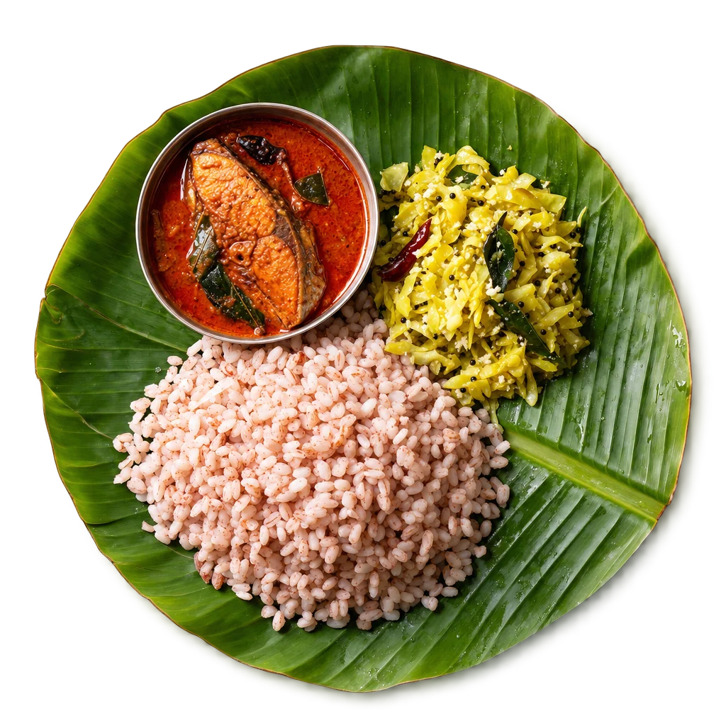 മീൻകറിയും ചോറും തോരനും, മുകളിൽ നിന്ന് എടുത്ത ചിത്രം