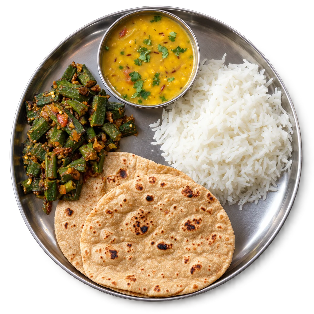 वरण-भात, पोळी आणि भाजी, वरून घेतलेला फोटो