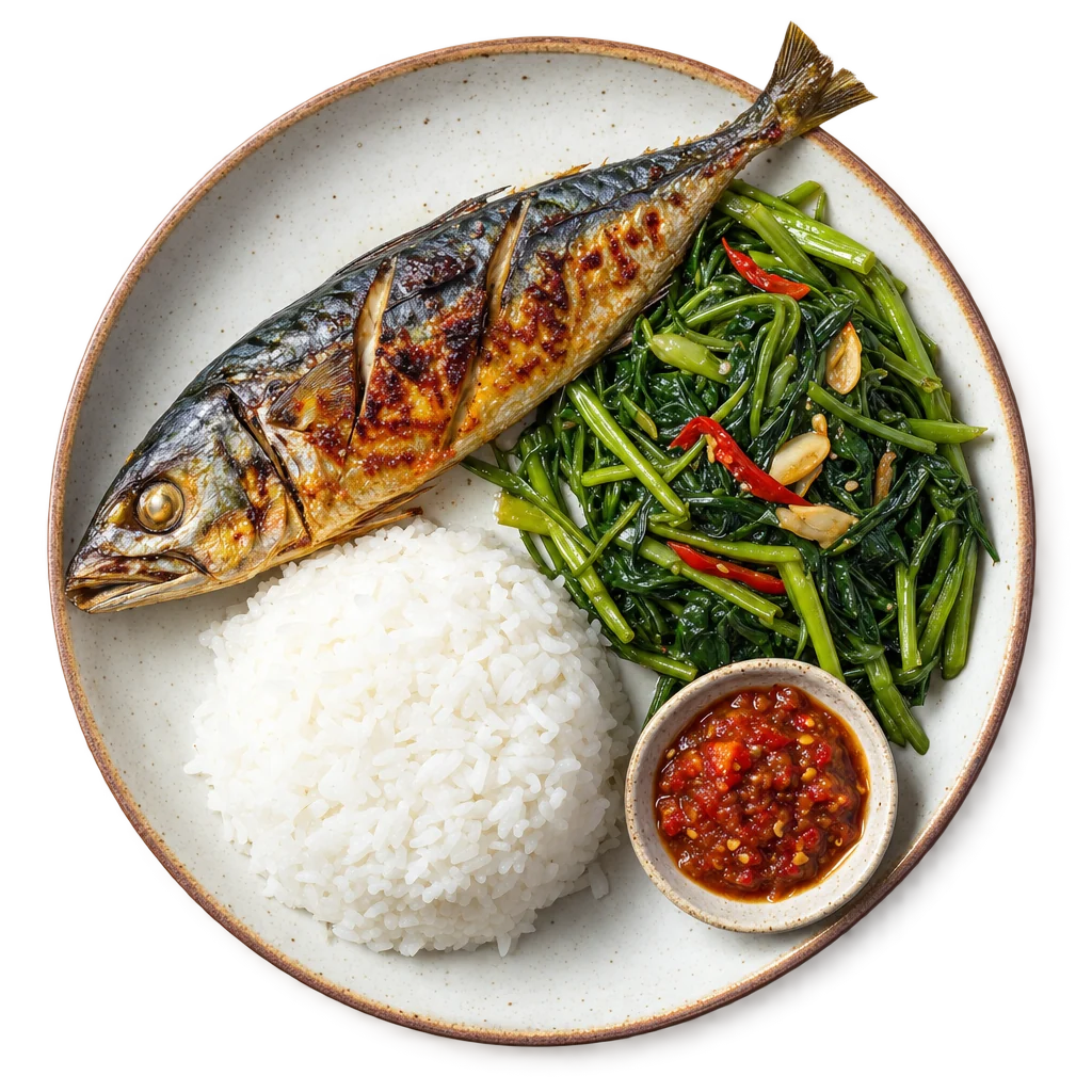 Nasi, ikan bakar dan sayur, diambil gambar dari atas