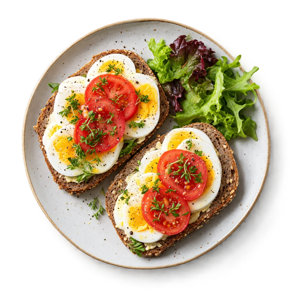 Grove brødskiver med egg og tomat, fotografert ovenfra