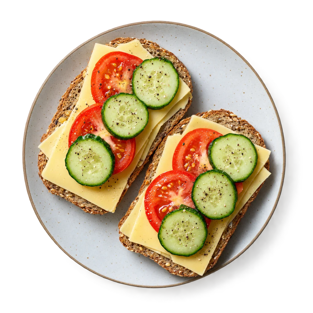 Boterhammen met kaas en tomaat, van bovenaf gefotografeerd