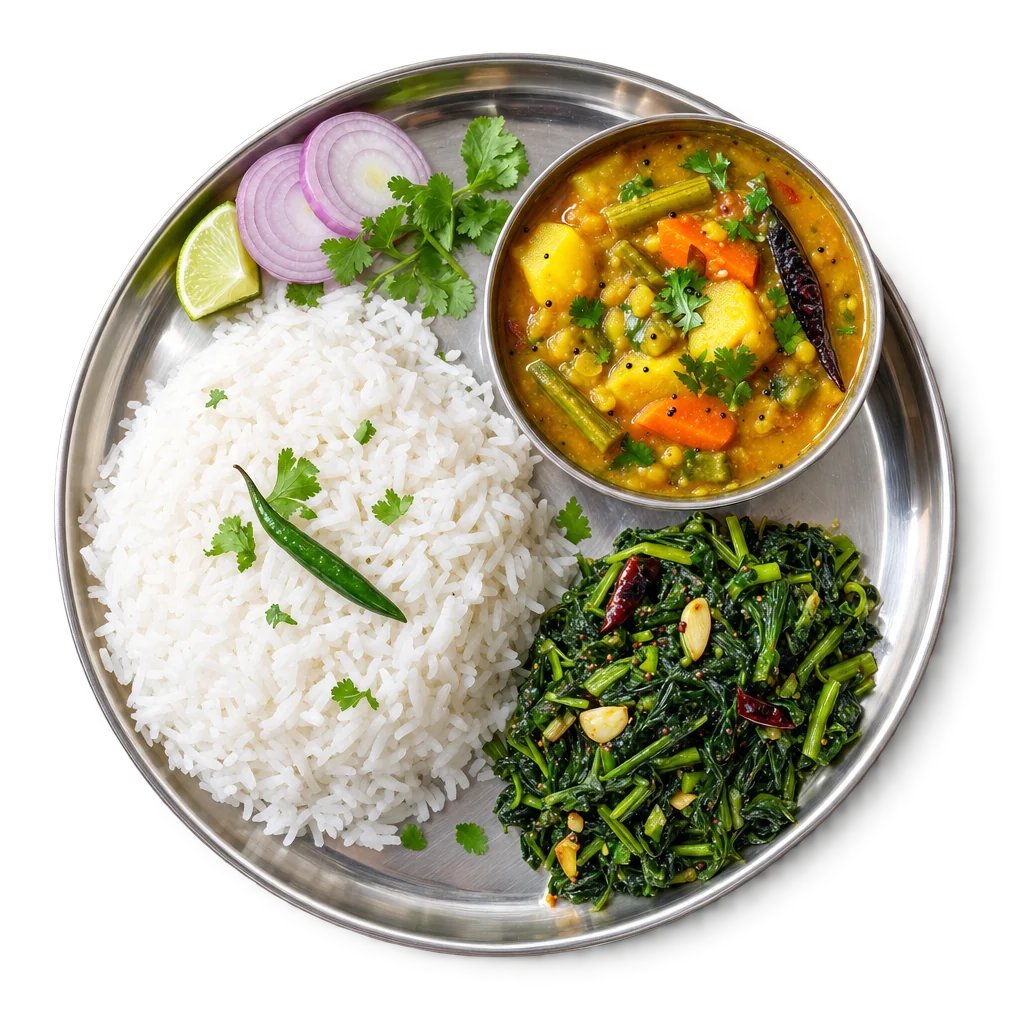 ଭାତ, ଡାଲମା ଓ ଶାଗ ଭଜା, ଉପରୁ ତୋଳା