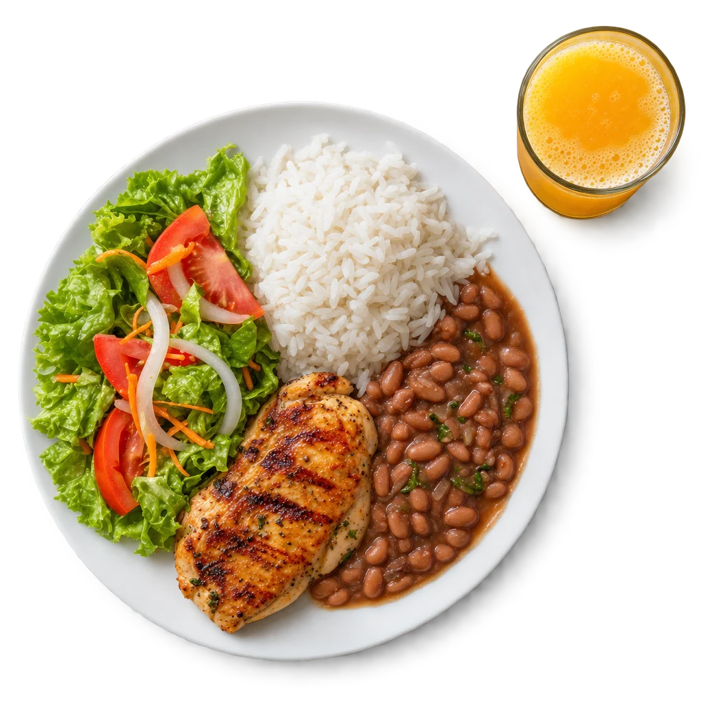 Arroz, feijão, frango e salada, fotografado de cima