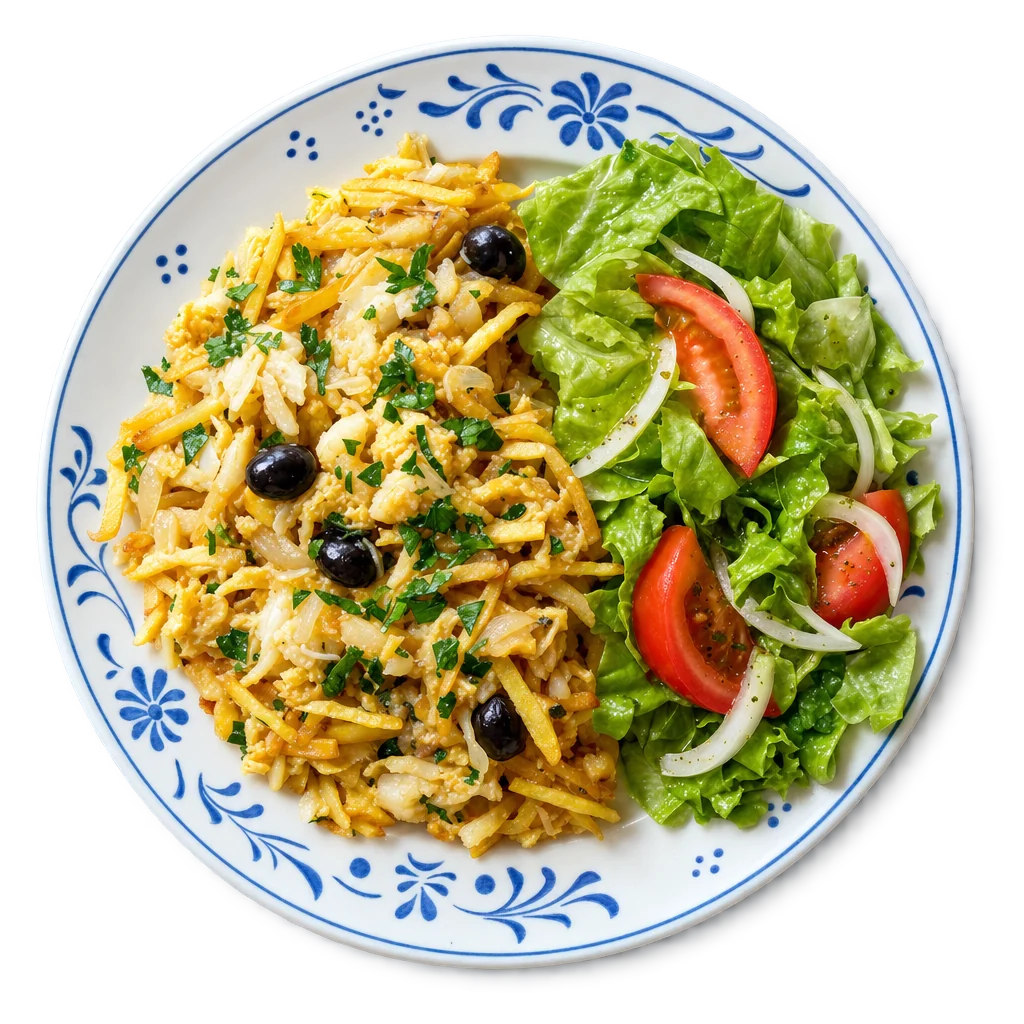 Fotografia de Bacalhau à Brás com salada vista de cima