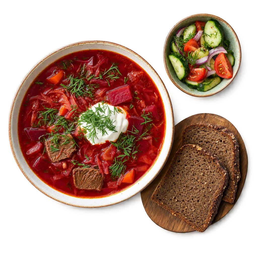 Борщ с курицей и ржаным хлебом, вид сверху