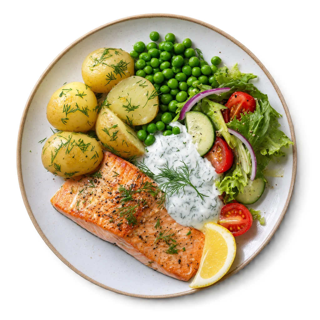 Foto uppifrån av Ugnslax med potatis och ärter