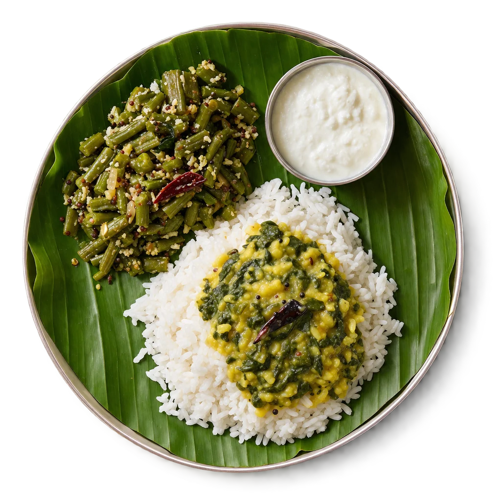 சாதம், கீரைக் கூட்டு, பீன்ஸ் பொரியல், மேலிருந்து எடுத்த படம்