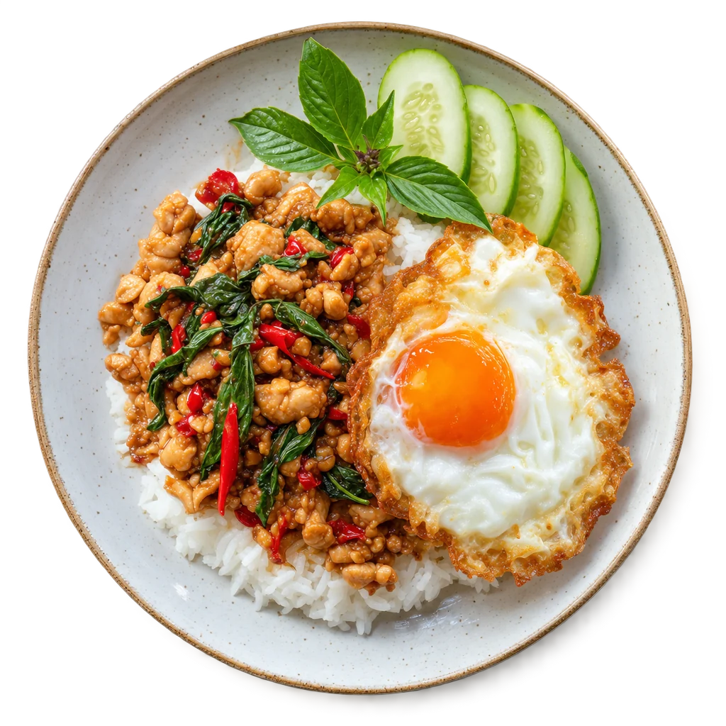 ข้าวกะเพราไก่ไข่ดาว ถ่ายจากมุมบน