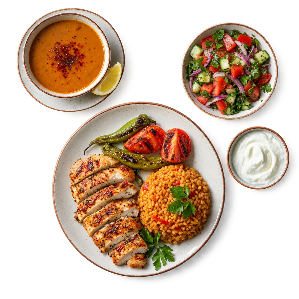 Mercimek çorbası ve tavuklu bulgur pilavı, üstten çekilmiş