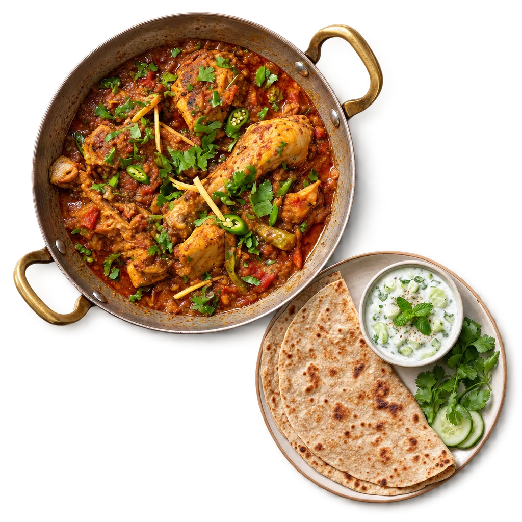 ⁨چکن کڑاہی، روٹی اور رائتہ⁩، اوپر سے لی گئی تصویر
