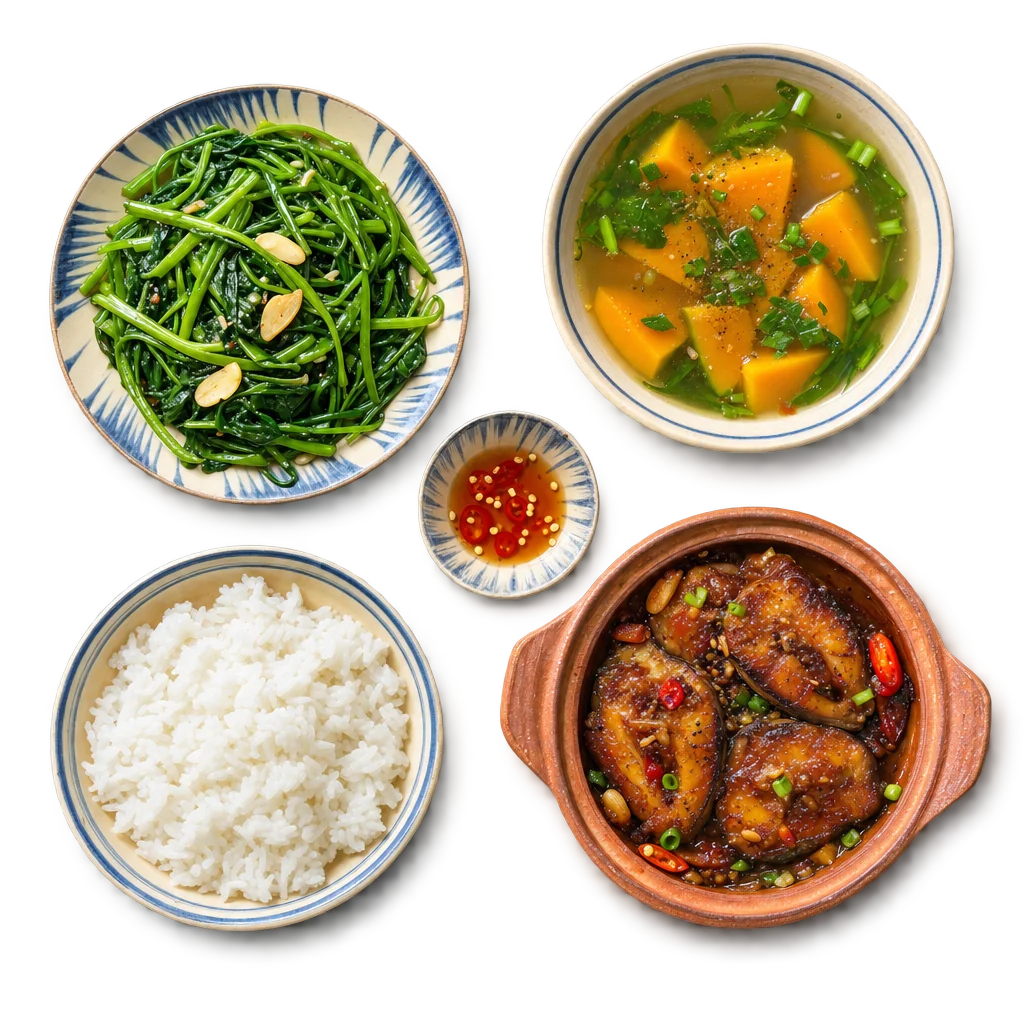 Cơm cá kho và rau muống xào, chụp từ trên xuống