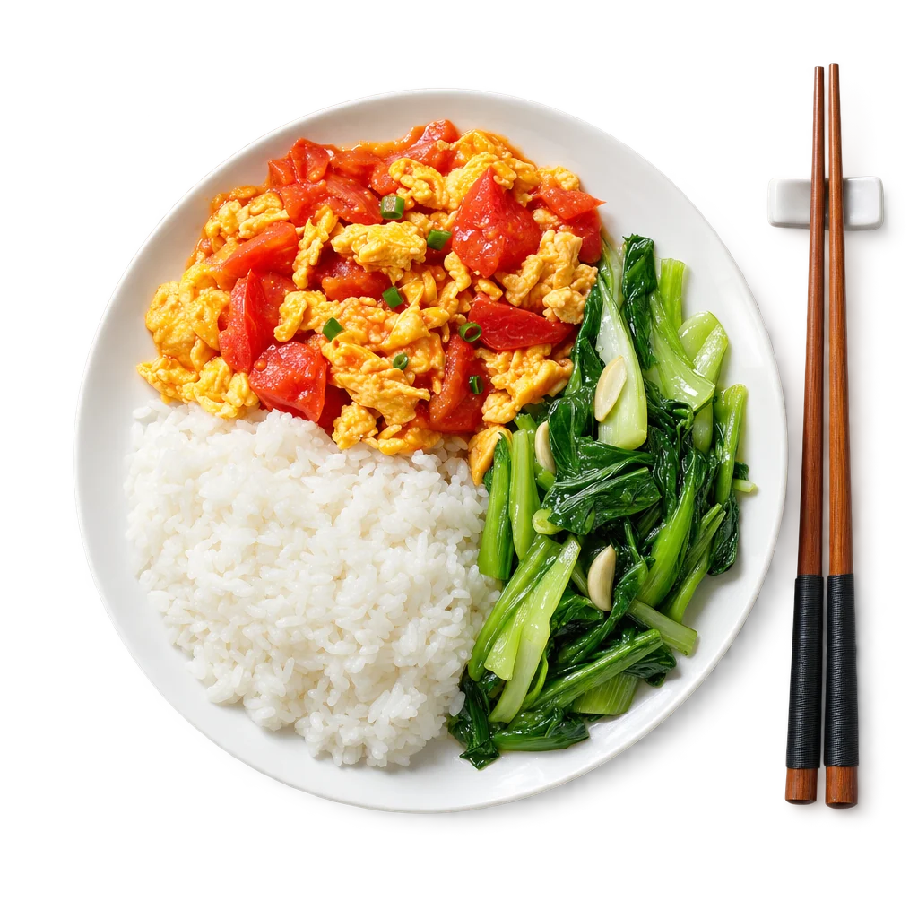 米饭、西红柿炒鸡蛋和清炒青菜,俯拍照片